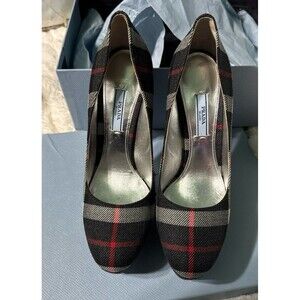 Prada Antracite Tartan Platform Heels, Prada Plaid Heels 39